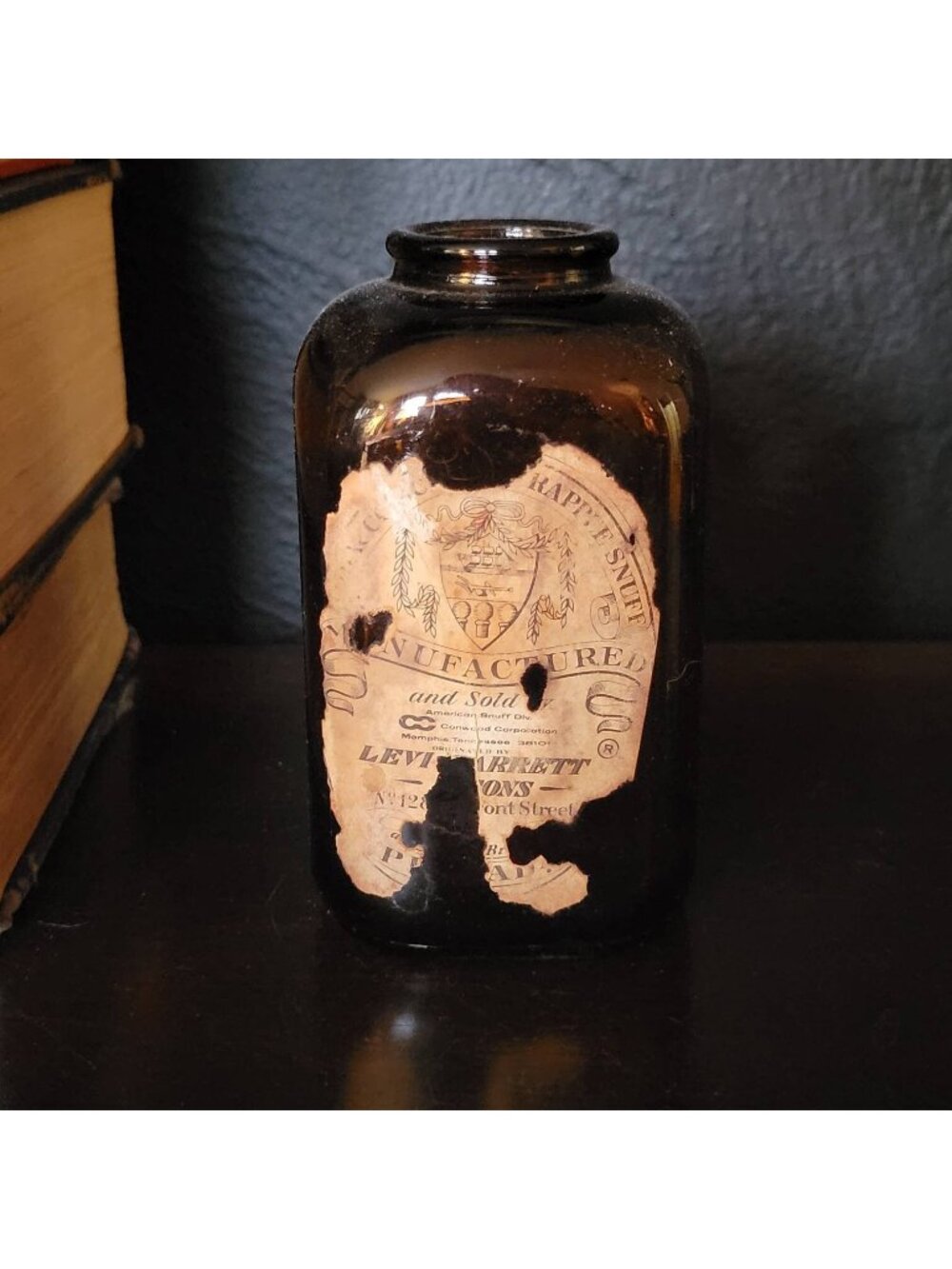 Levi Garrett & Sons Scotch Rappee Brown Glass Snuff Bottle w/Paper Label EMPTY